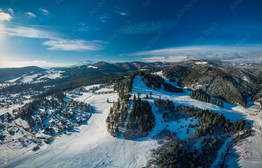 Panoramic aerial winter view of the ski center Vysne Ruzbachy, Slovakia
