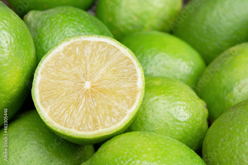 Lime slice citrus fruits background. Fresh juicy limes. Healthy food.