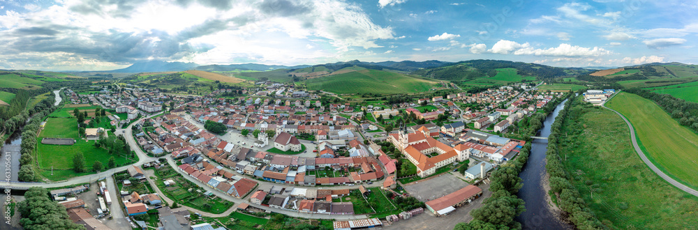 Aerial view of the of Podolinec town in Slovakia, along with its river