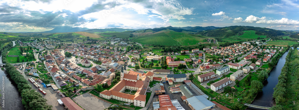 Aerial view of the of Podolinec town in Slovakia, along with its river
