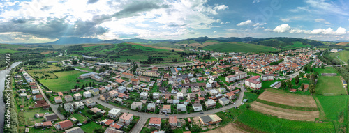 Aerial view of the of Podolinec town in Slovakia, along with its river