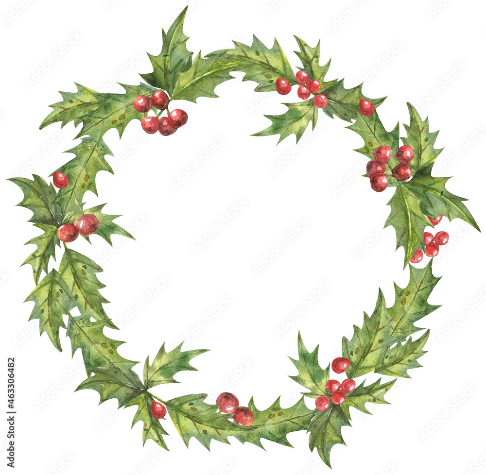 Watercolor Christmas illustration of a wreath with pointed leaves and red berries. Ideal for Christmas and New Year cards, invitations. Illustration on white background. Watercolor Christmas illustration of a wreath with pointed leaves and red berries. Ideal for Christmas and New Year cards, invitations. Illustration on white background.