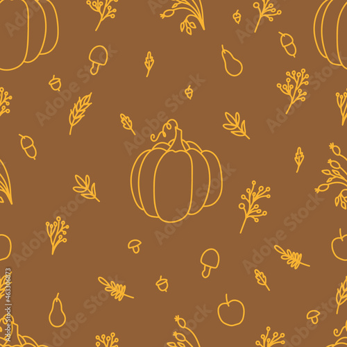 Cozy home autumn still life with pumpkin, leaves and branches of berries in the style of lines and colored spots. Decorative elements for the design of postcards, invitations and more. Vector