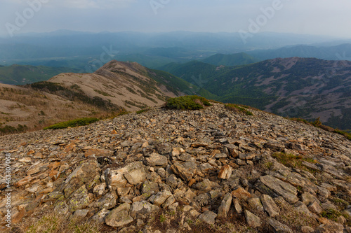 The nature of the Far East. The top of Mount Lysaya in the Primorsky region. A beautiful peak of a high mountain.