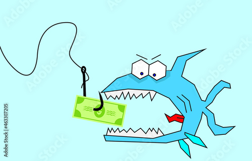 Greedy fish eats bait with money, the concept of greed
