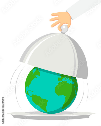 A hand holds an open silver cap. Under which the planet Earth lies on a plate. Vector illustration in a flat style.