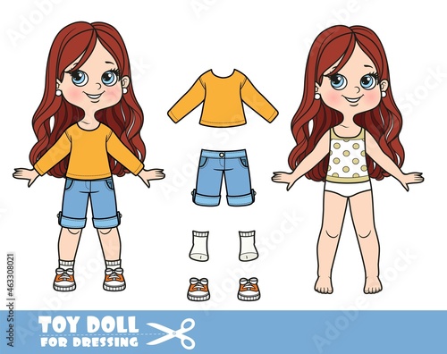 Cartoon brunette girl with lush curly hairstyle dressed and clothes separately - t-shirt with long sleeves, denim shorts and sneakers doll for dressing