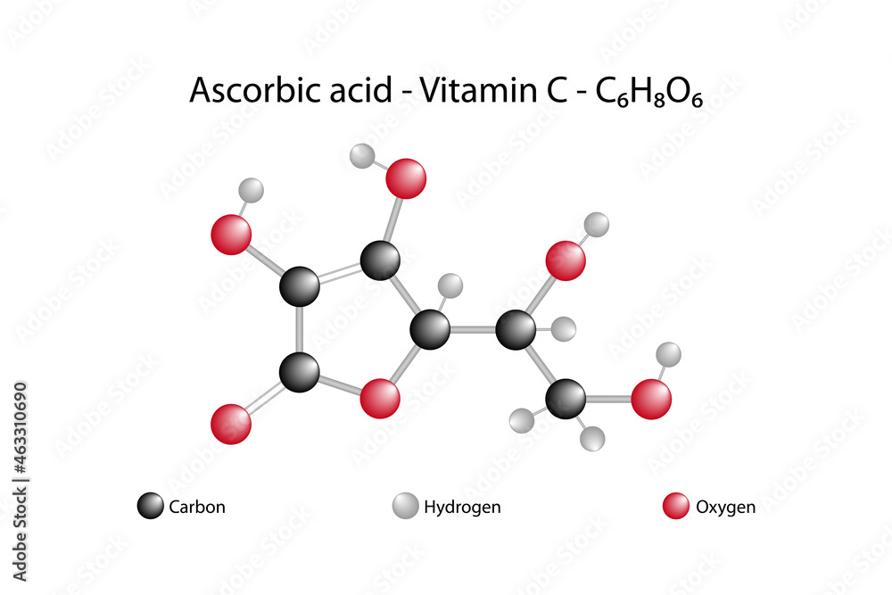 Molecular formula of ascorbic acid. Ascorbic acid or vitamin C is a vitamin found in various foods and sold as a dietary supplement.