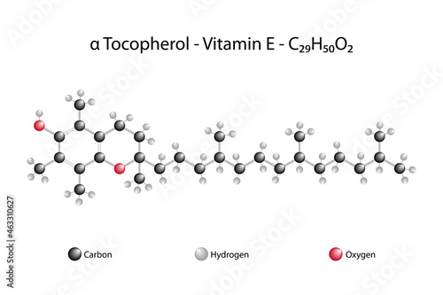 Molecular formula of alpha tocopherol. Alpha tocopherol or vitamin E exists in eight different forms, four tocopherols and four tocotrienols. photo