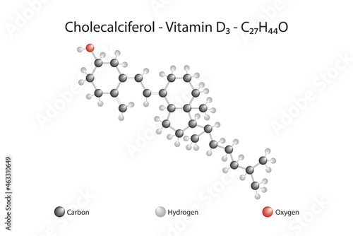 Molecular formula of cholecalciferol. Cholecalciferol, or vitamin D3, is found in animal foods.