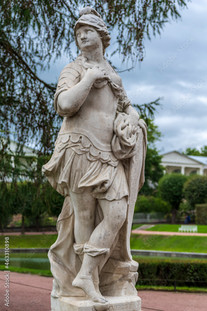 Marble allegorical sculpture Military Valour in Tsarskoe selo park in Saint Petersburg , Russia