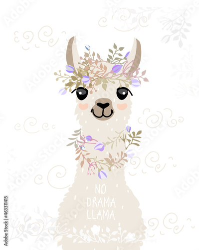 Pastel portrait of alpaca llama with delicate flowers