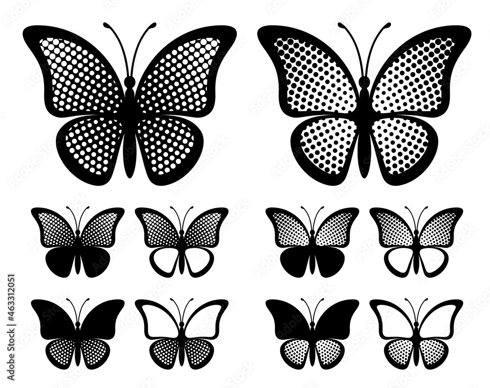 Contours of butterflies with radial halftone Contours of butterflies with radial halftone