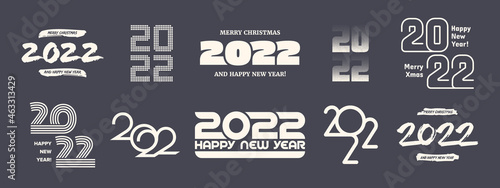 2022 Happy New Year Vector Logo Set. Different Variations Typography Design Template In Retro Colors Isolated On Background. Various Templates Of Happy New Years Typographic Design Elements Collection
