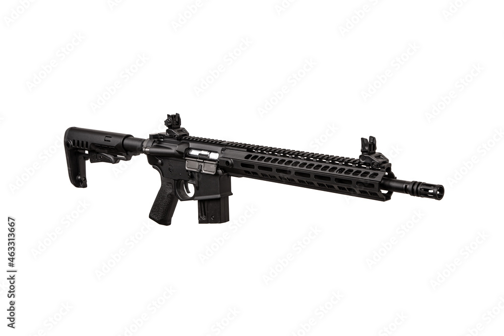 Modern automatic rifle isolated on white. Weapons for police, special forces and the army. Automatic carbine with mechanical sights. Modern automatic rifle isolated on white. Weapons for police, special forces and the army. Automatic carbine with mechanical sights.