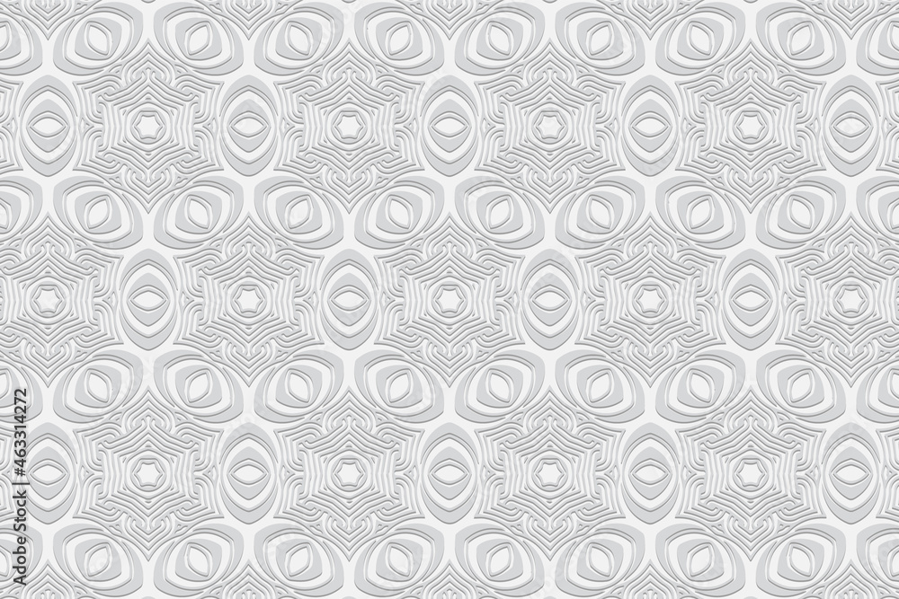 Unique banner, cover design, white background. Geometric volumetric convex ethnic elegant 3D pattern. Eastern, Indonesian, Mexican, Aztec style.