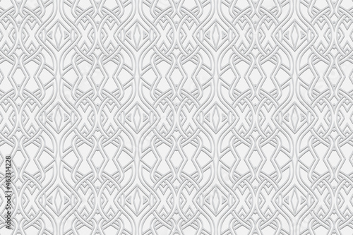 Unique banner, cover design, white background. Geometric volumetric convex ethnic artistic 3D pattern. Eastern, Indonesian, Mexican, Aztec style.