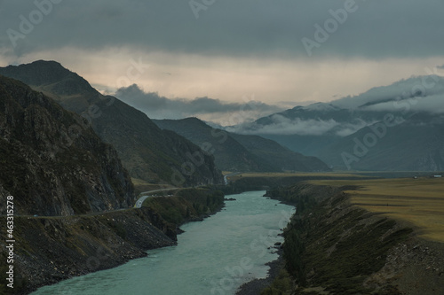 Landscape with a view of the Katun mountain river in the Altai Republic