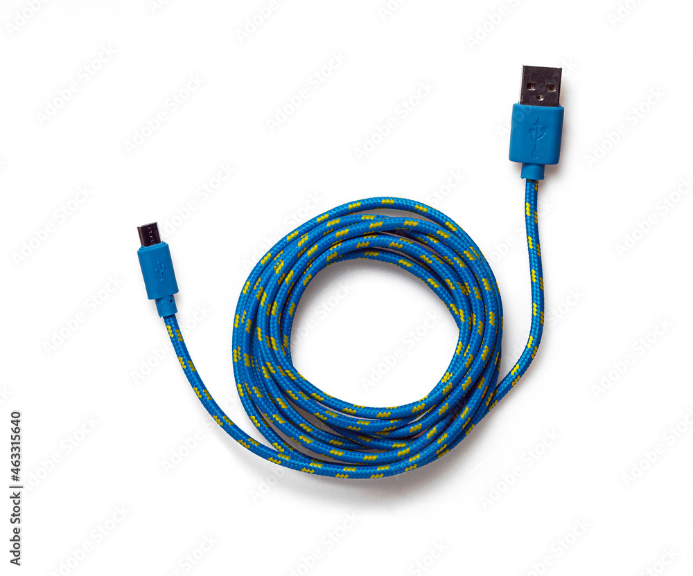 Blue micro usb cable on white background Blue micro usb cable on white background
