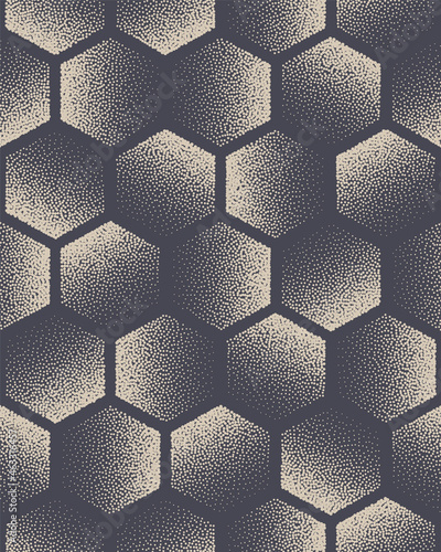 Hexagon Stippled Seamless Pattern Technology Vector Abstract Background. Hand Drawn Tileable Geometric Texture Dotted Grunge Repetitive Hexagonal Wallpaper. Halftone Retro Colors Art Illustration