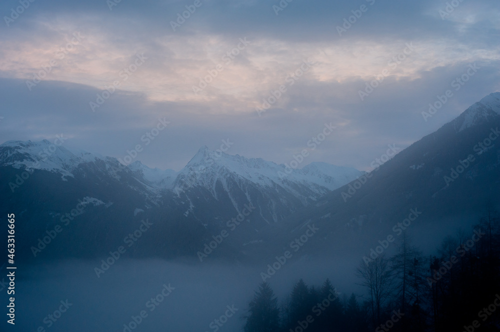 Sunset view of the snow-covered Alps in Austria