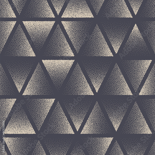 Triangle Stippled Seamless Pattern Geometric Vector Abstract Background. Hand Drawn Tileable Aesthetic Texture Dotted Triangular Grunge Repetitive Wallpaper. Halftone Retro Colors Art Illustration