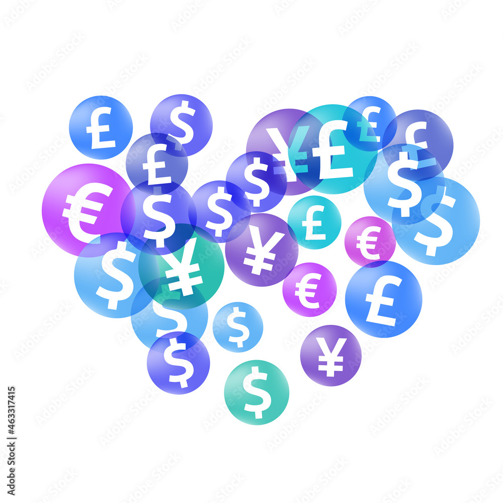 Euro dollar pound yen circle signs scatter currency vector background. Profit growth concept. Euro dollar pound yen circle signs scatter currency vector background. Profit growth concept.
