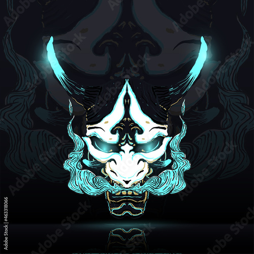 Illustration of an oni mask emitting smoke from its mouth, japanese mask