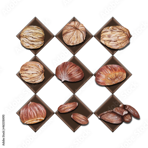 Set di gustosi frutti secchi autunnali disegnati a mano con sfondo geometrico photo