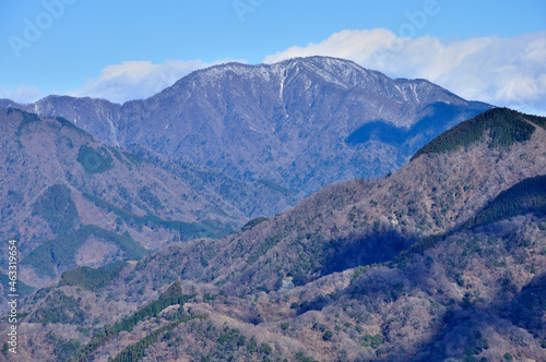 丹沢山地の大野山より西丹沢の大室山を望む 丹沢 大野山より左から加入道山、大室山