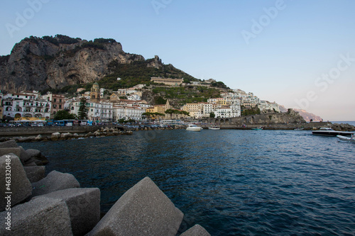 AMalfi  Italy   03 april 2019   Panoramic view of beautiful Amalfi on hills leading down to coast  Campania  Italy. Amalfi coast is most popular travel and holiday destination in Europe.
