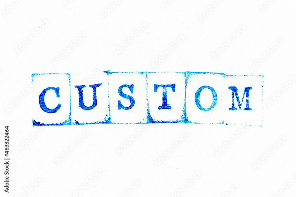 Blue color ink rubber stamp in word custom on white paper background ...