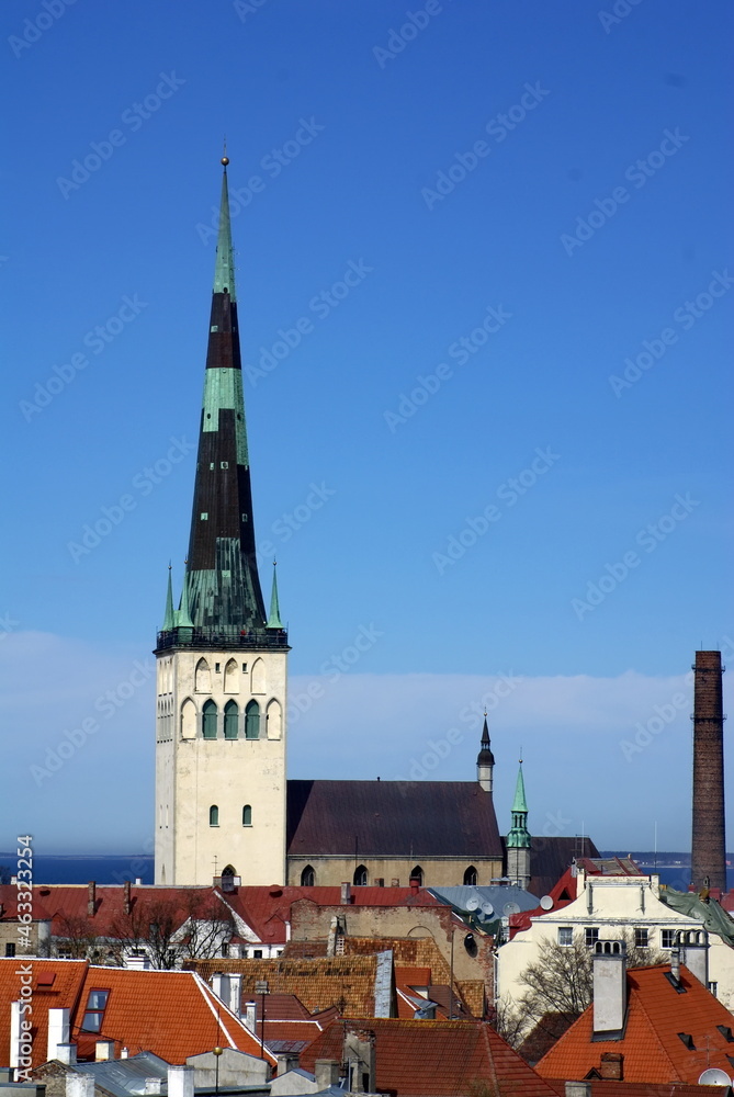 Overhead view of the Old Town and the spire of St Olaf's Church in Tallinn, Estonia