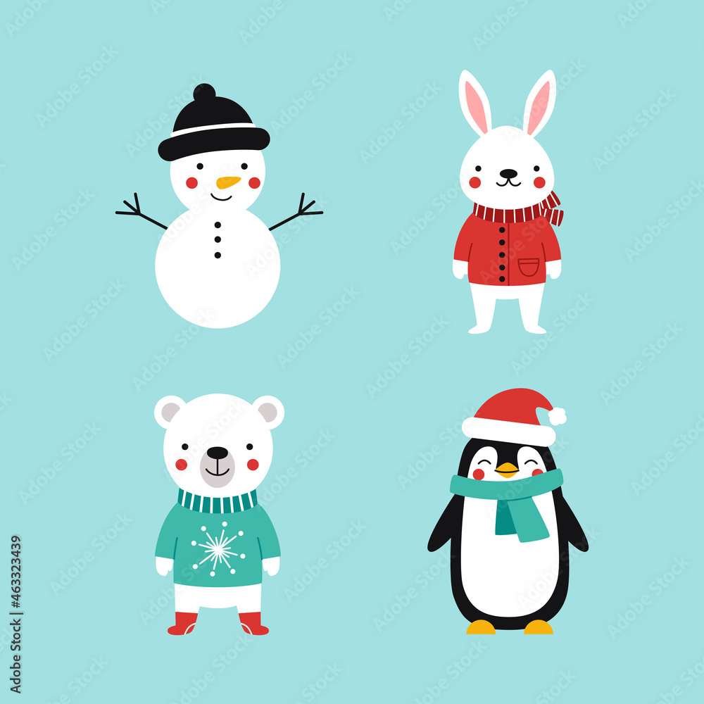 Set of cute forest animals in warm clothes. Vector cartoon characters illustration Set of cute forest animals in warm clothes. Vector cartoon characters illustration