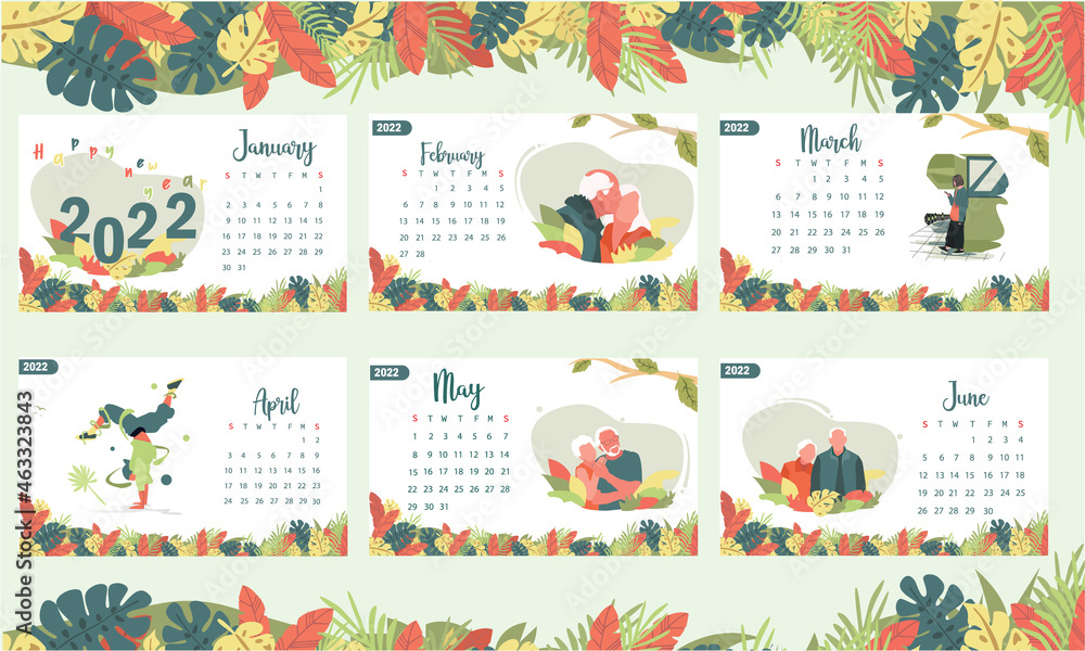 Fototapeta premium Calendar template for 2022, January to June with the week starting on Sunday. with the addition of simple illustrations and eps 10, the natural leaf theme is easy to apply to all media