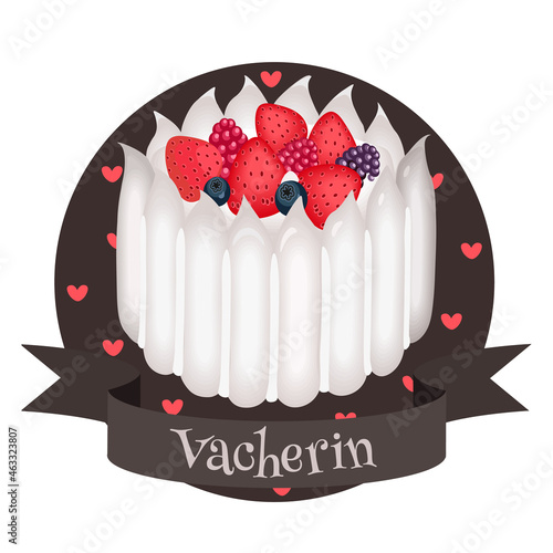 Vacherin cake traditional French dessert. Colorful vector illustration.