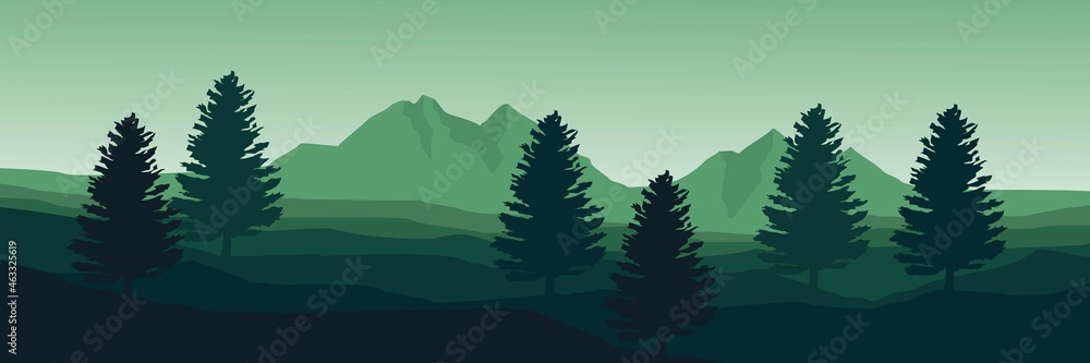 Fototapeta premium green mountain landscape with tree silhouette good for wallpaper, backdrop, banner, web banner, background and design template