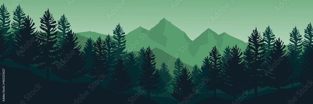 green mountain landscape with tree silhouette good for wallpaper, backdrop, banner, web banner, background and design template - obrazy, fototapety, plakaty 