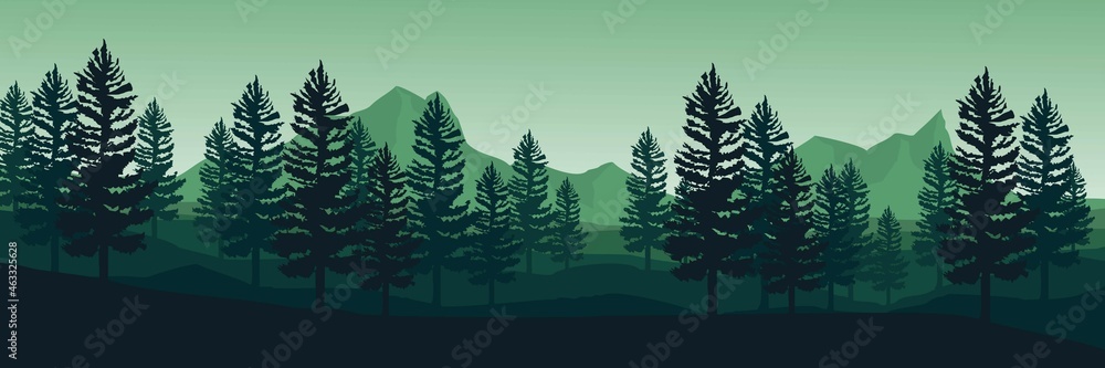Obraz premium green mountain landscape with tree silhouette good for wallpaper, backdrop, banner, web banner, background and design template