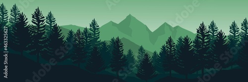 green mountain landscape with tree silhouette good for wallpaper, backdrop, banner, web banner, background and design template