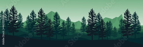 green mountain landscape with tree silhouette good for wallpaper, backdrop, banner, web banner, background and design template
