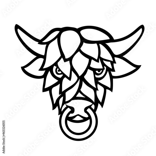 Mascot illustration of head of a short horned bull with beer hop face viewed from front on isolated background in retro black and white style.
