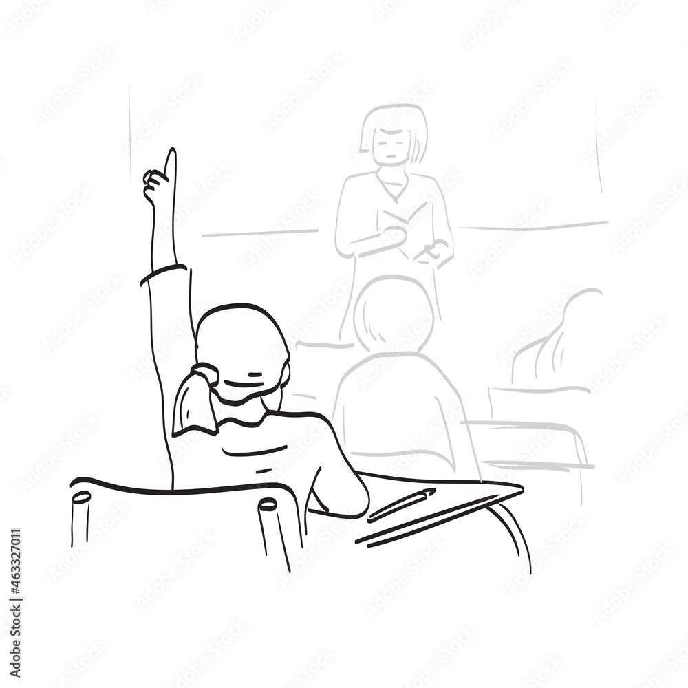 line art girl raising hand in elementary school class illustration vector isolated on white background