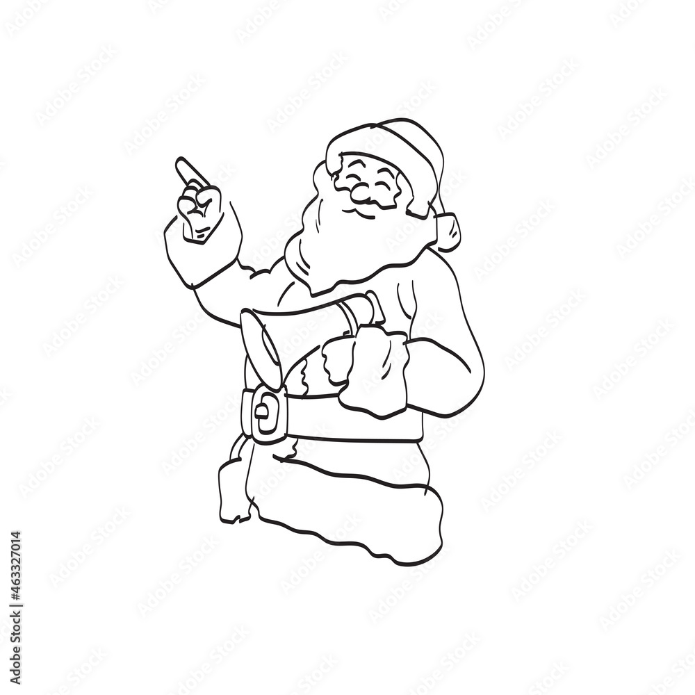 Line art Santa Claus pointing at something and holding megaphone illustration vector isolated on white background