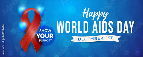 Happy world aids day with 3d ribbon and balloons on blue background