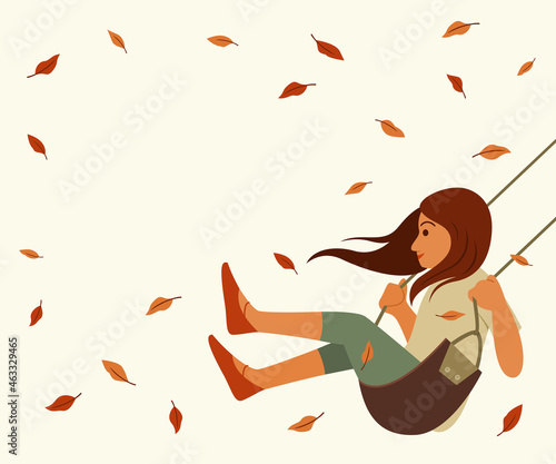 Girl Play the Swing and Copy Space for the Autumn Background.
