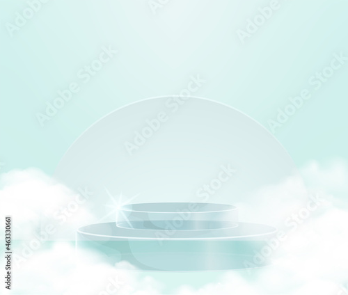 Studio room concept Transparent blue cylinder podium and cloud platforms for cosmetic product presentation. vector 3d illustration with geometric shapes.  minimal design with  Abstract modern