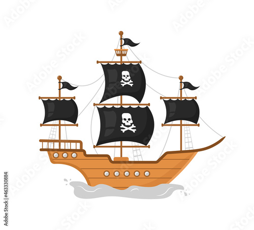 Wooden pirate ship. Piracy icon isolated on white background. Vector illustration in flat cartoon style.