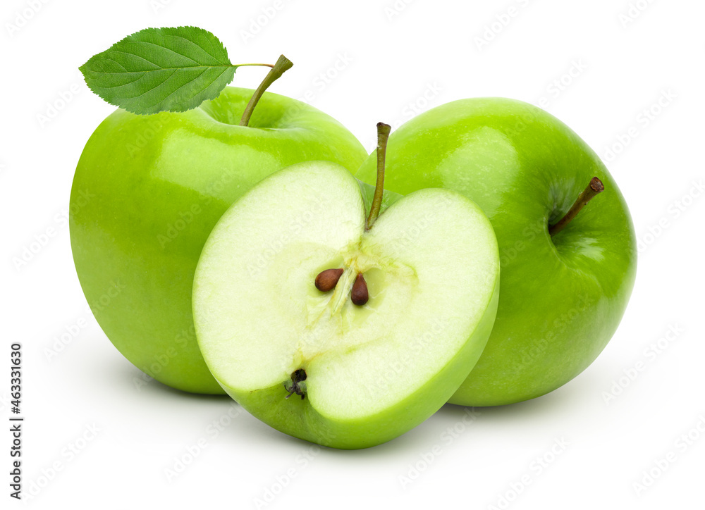 Fresh green apple fruit and halves with leaves isolated on white background.. Fresh green apple fruit and halves with leaves isolated on white background..