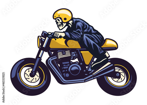 Skull riding vintage motorcycle